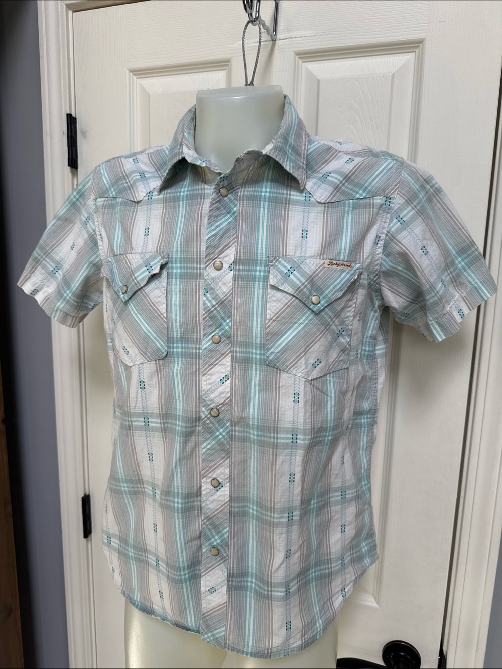 Vintage Y2K LUCKY BRAND Shirt Men Short Sleeve Western Pearl Snap Stripe Plaid L